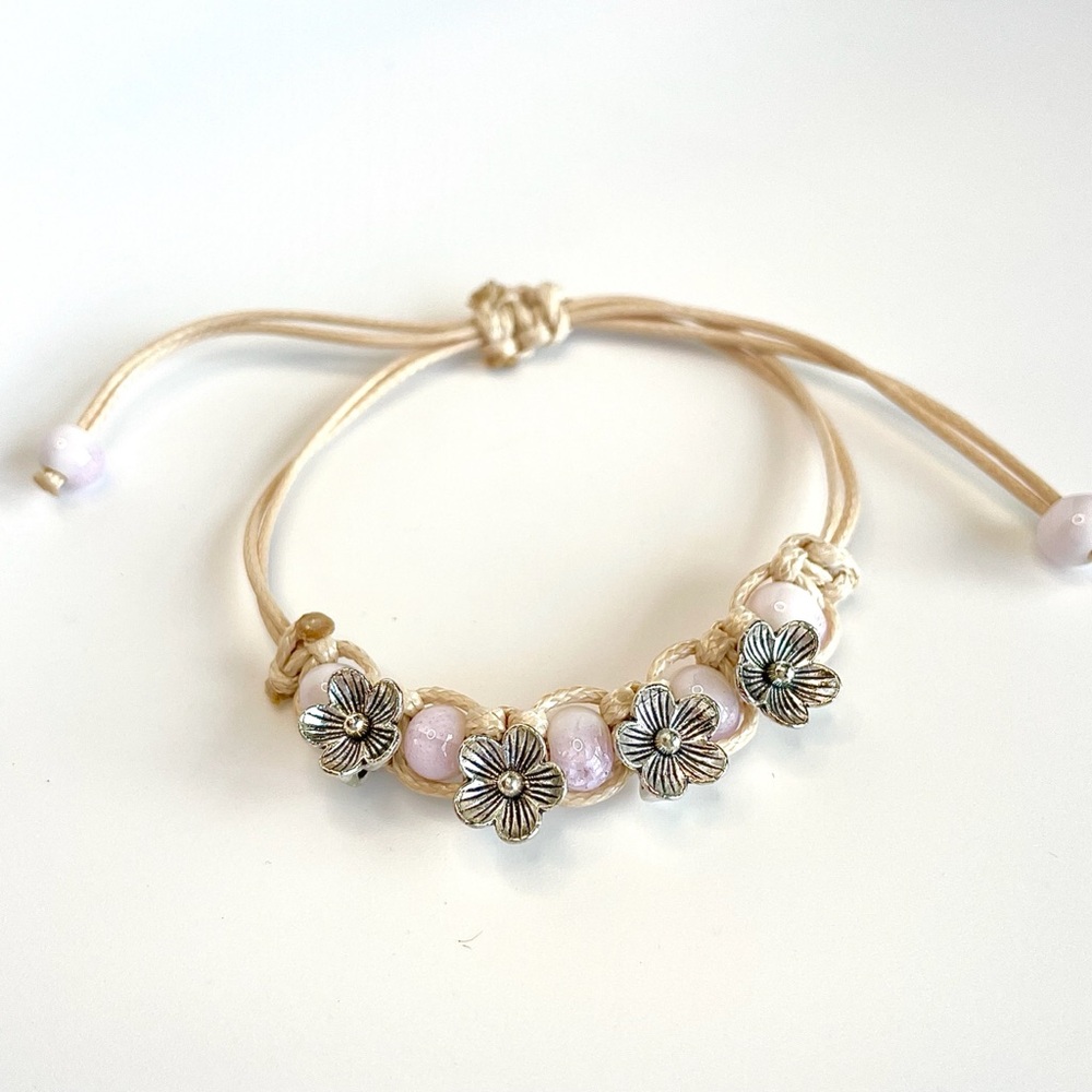 Pink Silver Pastel Bracelet ceramic daisies flower beads tan pink boho